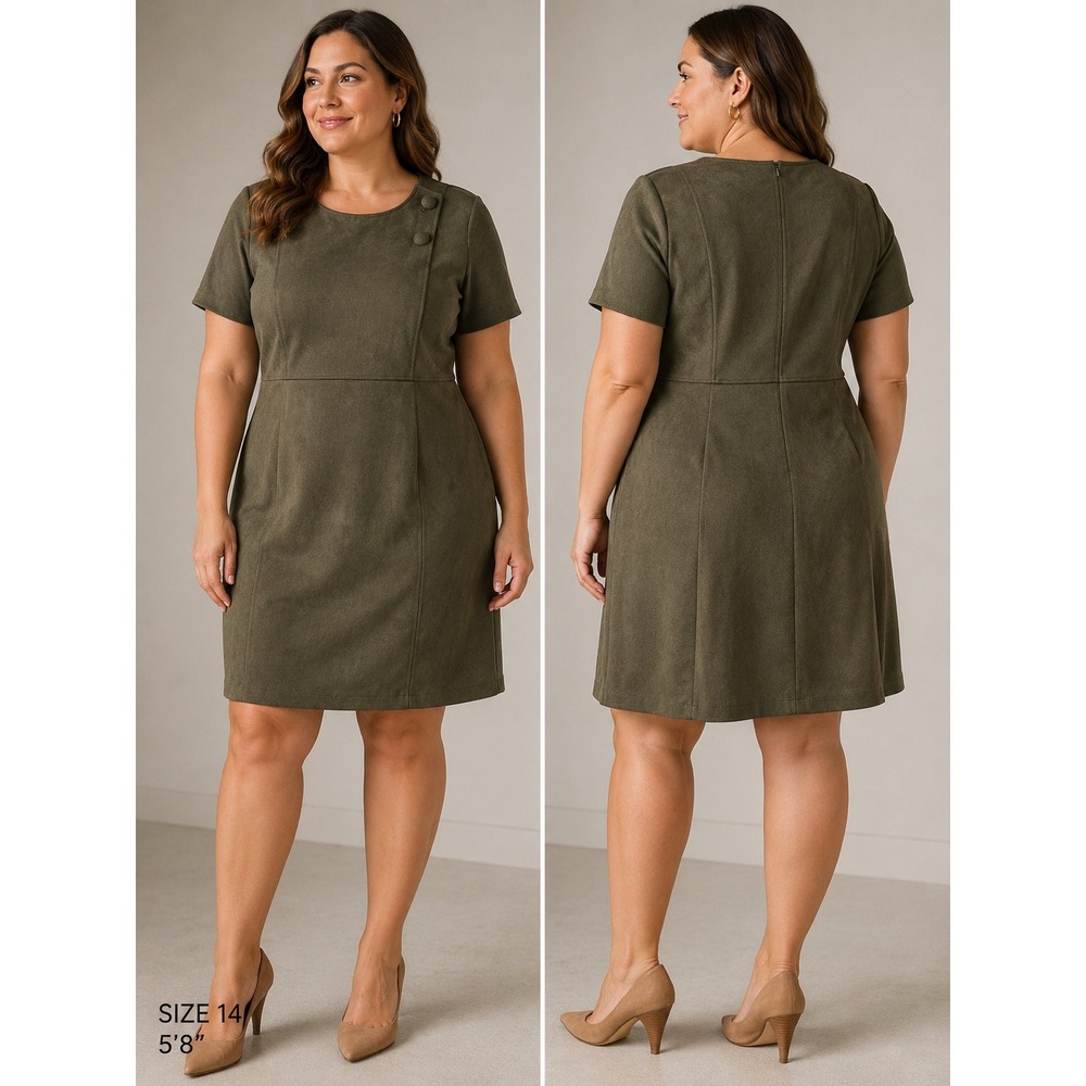 Calvin Klein Faux Suede Sheath Dress Womens 14 Olive Green‎ NWT